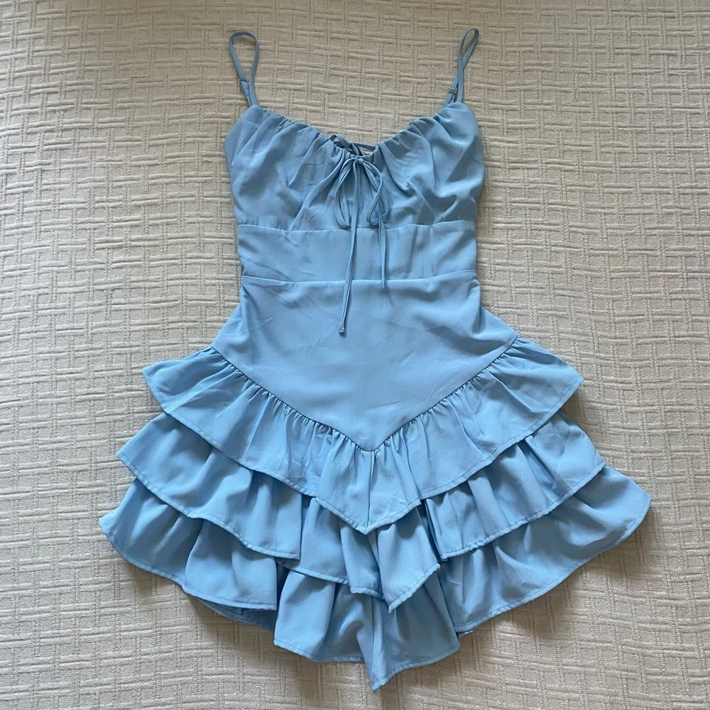F21 baby blue mini ruffle dress. - Picture 1 of 9